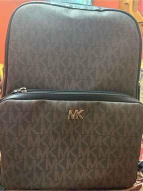 Michael Kors Brown MK Monogram Backpack with Silver MK Hardware